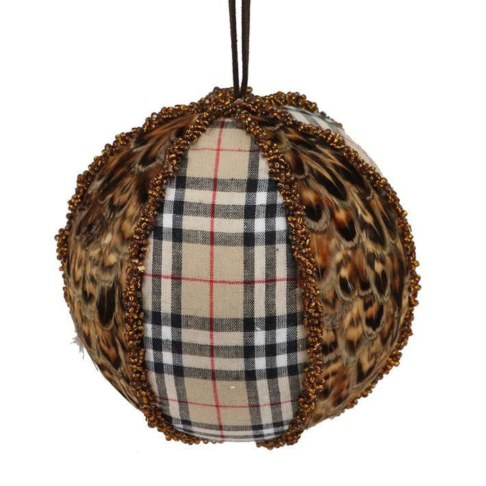 The 4.75 Beige Red Black White Fabric Check Feather Ball Ornament XY911132 features alternating leopard print and plaid fabric panels in black, white, beige, and red, trimmed with gold glitter and hung by a brown ribbon.