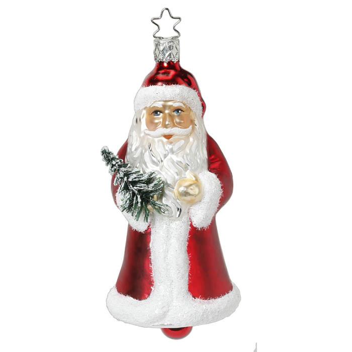 The Limited Edition Santa Holiday Handbell Ornament Inge-Glas 1-002-15 features Santa in a red and white suit with a green tree, gold sack, and silver star hanger—an heirloom from our Mouth-blown Glass Ornaments collection.