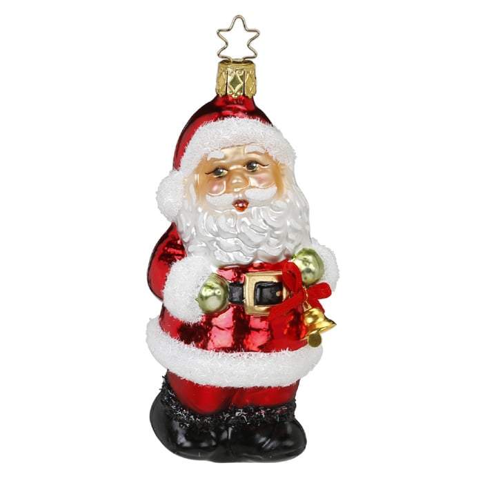 The Ho Ho Holiday Santa Christmas Ornament Inge-Glas 1-032-16 is a handmade, mouth-blown glass piece from Germany, featuring Santa Claus in his red suit with white trim and black boots. It includes a gold bell and a star-shaped loop for hanging.