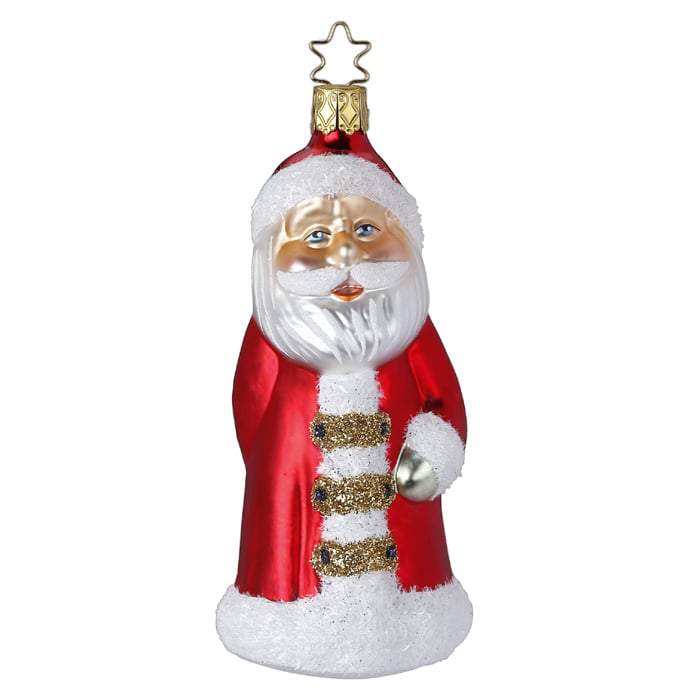 The Happy Santa Christmas Ornament Inge-Glas 1-095-16 showcases a red and white outfit with gold accents, topped with a star-shaped hanger. Handmade in Germany from mouth-blown glass, this stunning piece is perfect for holiday decoration.