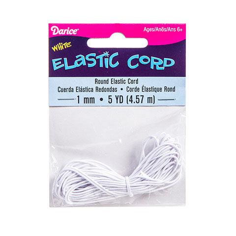 The 1mm Round White Elastic Cord 5 yards (1170-50) is perfect for jewelry projects, coiled and visible through clear packaging. At 1 mm thick and spanning 5 yards (4.57 m), its ideal for ages 6 and up.