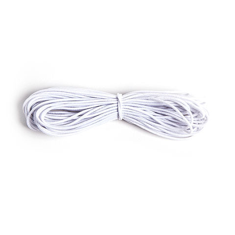 A coiled bundle of the 1mm Round White Elastic Cord, ideal for jewelry making, secured in the middle against a plain white background.