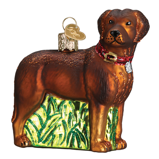 The Standing Chocolate Lab Old World Christmas Ornament 12508 is a hand-painted glass ornament of a brown dog with a red collar on green grass, featuring a gold loop and tag—perfect as a festive dog Christmas decoration.