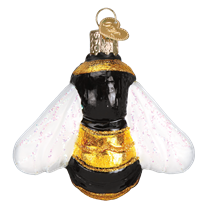 The Bumblebee 12521 Old World Christmas Ornament features hand-painted black and gold stripes, white glittery wings, and a gold hanging loop—an adorable addition to any collection.