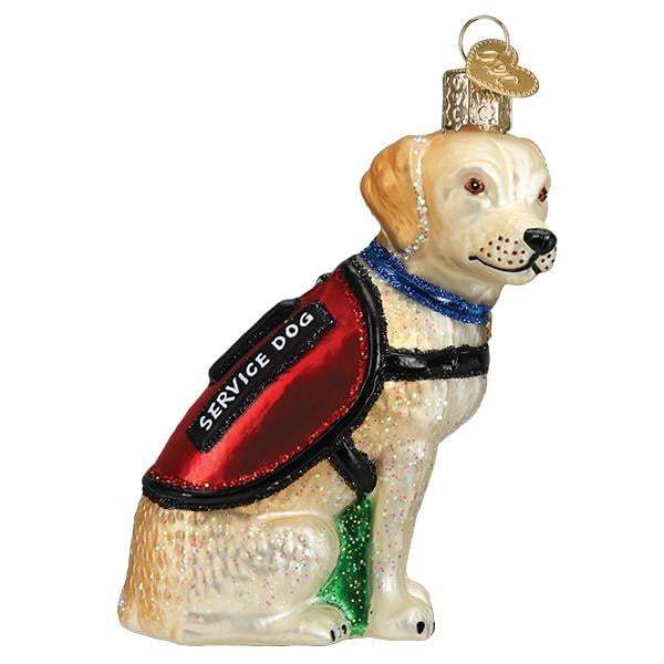 The Service Dog 12547 Old World Christmas Ornament is a hand painted glass yellow dog in a red and black vest, with a gold hanging loop—an adorable touch for your holiday décor from Old World Christmas.