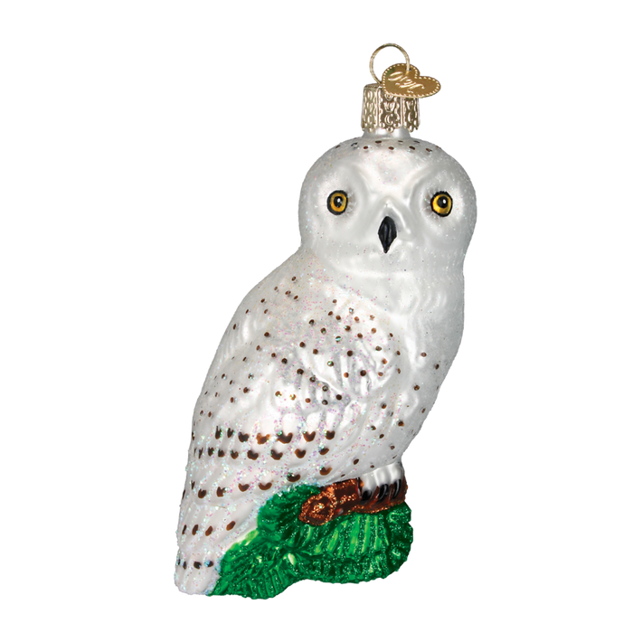 The Great White Owl 16079 Old World Christmas Ornament is a shiny, hand painted glass decoration featuring yellow eyes, brown spots, a gold hanging loop, and perched on a green and brown branch.