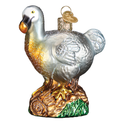 The Dodo Bird 16114 Old World Christmas Ornament features a shiny, hand-painted glass dodo in white, gray, and yellow on a green and brown base with a gold loop and cap for easy hanging.