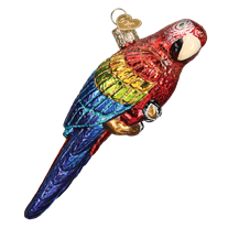 The Tropical Parrot 16119 Old World Christmas Ornament is a hand-painted glass piece with vibrant red, yellow, green, and blue feathers plus a gold hanging loop—perfect for adding festive charm to your Christmas tree.