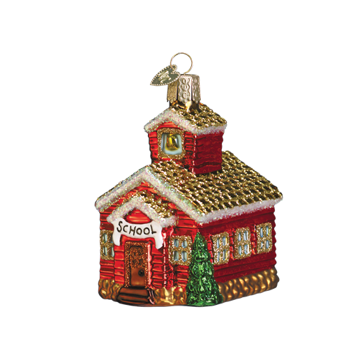 The School House 20007 Old World Christmas Ornament is a blown glass piece featuring a red and gold schoolhouse with glitter accents, a bell tower, and School sign. A green tree adds festivity, while the top gold loop ensures easy hanging. Ideal for an Old World Christmas vibe.
