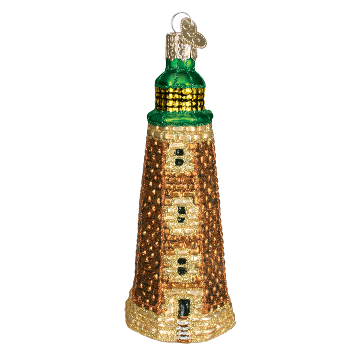 The Old Cape Henry Old World Christmas Ornament 20040 is a hand-painted glass ornament featuring glittery gold and brown details, green accents, and a silver hanging loop, adding classic charm to your tree.