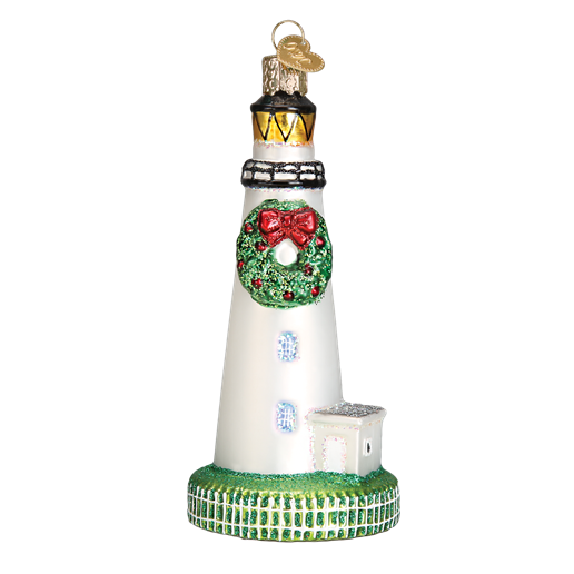 The Ocracoke Lighthouse 20078 Old World Christmas Ornament is a hand-painted glass piece with a white lighthouse, green wreath with red bow, gold and black top, small attached building, and green base—perfect for festive holiday decor.