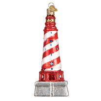 The White Shoal Lighthouse 20103 Old World Christmas Ornament features red and white stripes, silver and red accents, a gold cap, and hanging loop—all crafted in classic Old World Christmas style.