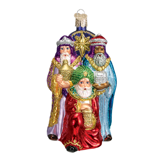 The Three Wise Men Old World Christmas Ornament 24083 beautifully portrays the Three Wise Men with gifts, featuring vibrant robes in shades of purple, red, and blue under a golden star. It also includes a silver loop for easy hanging.