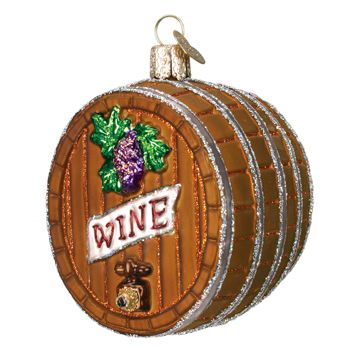 The Wine Barrel 32067 Old World Christmas Ornament is a hand-painted glass barrel with glitter, a grape cluster, tap, and "WINE" sign on the front from Old World Christmas.