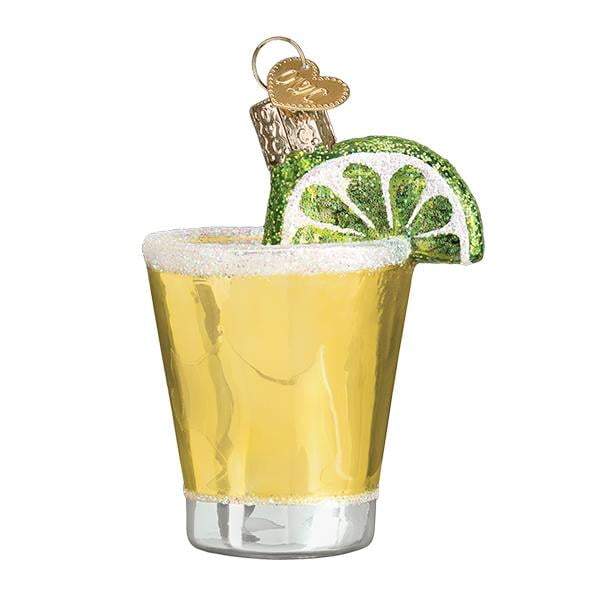 The Tequila Shot Old World Christmas Ornament 32334 features a hand-painted yellow cocktail glass with a glittery lime wedge and gold hanging cap—a festive holiday decoration from Old World Christmas.