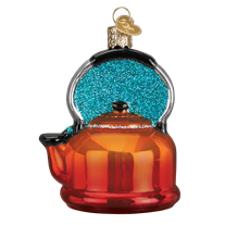 The Tea Kettle 32349 Old World Christmas Ornament is a shiny red, hand-painted glass tea kettle with a blue glittery background and gold hanging loop, perfect for adding classic holiday charm to your Christmas tree.