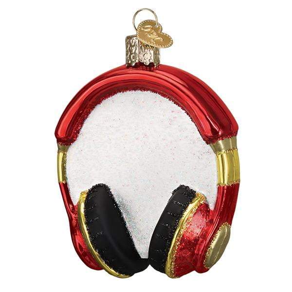 The Headphones 32390 Old World Christmas Ornament by Old World Christmas is a hand painted glass ornament shaped like red and gold headphones with black ear cushions and sparkling white glitter in the center.