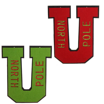 The RAZ 7" Letter U North Pole Red Green Christmas Ornament Set of 2 includes varsity-style letter U signs in red and green with "NORTH POLE" in gold, ideal for festive North Pole or holiday university-themed decorations.