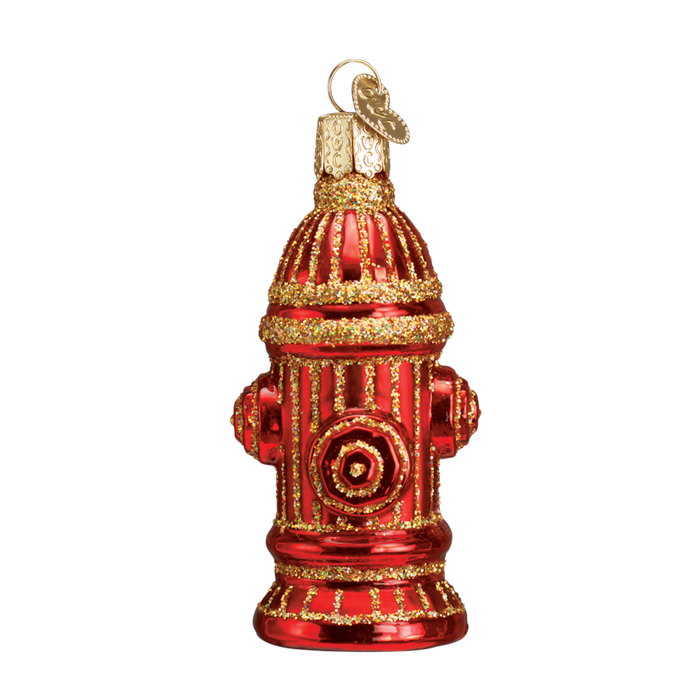 The Fire Hydrant 36038 Old World Christmas Ornament is a shiny red and gold mouth-blown glass ornament, decorated with glitter and topped with a gold cap for hanging.