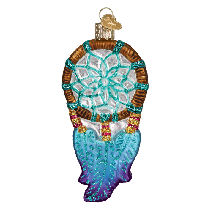 The Dream Catcher 36231 Old World Christmas Ornament is a hand-painted glass ornament shaped like a dreamcatcher, featuring a brown hoop, turquoise web, blue and purple glitter feathers, and a gold hanging loop.