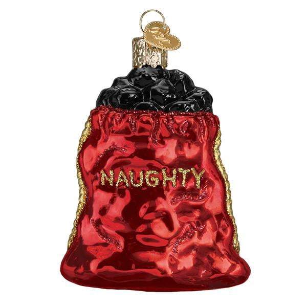 The Bag of Coal 36256 Old World Christmas Ornament is a hand-painted, shiny red glass sack filled with black lumps and “NAUGHTY” in gold letters on the front.