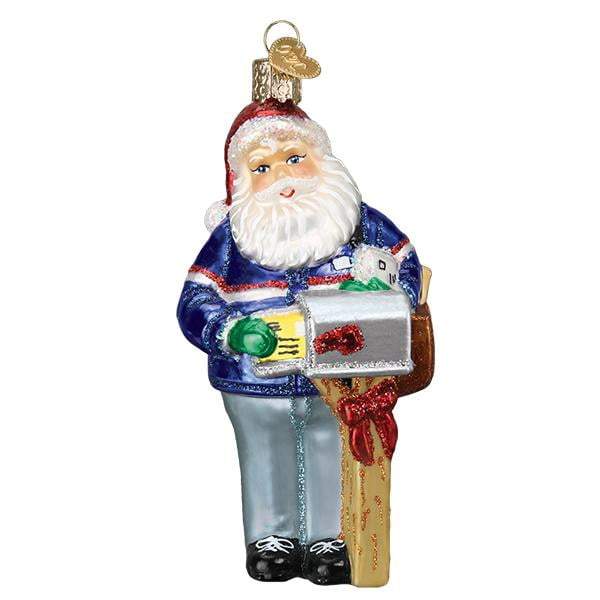 The Postman Santa 40308 Old World Christmas Ornament is a hand-painted glass piece featuring Santa in a blue coat, holding mail next to a silver mailbox with a red bow.