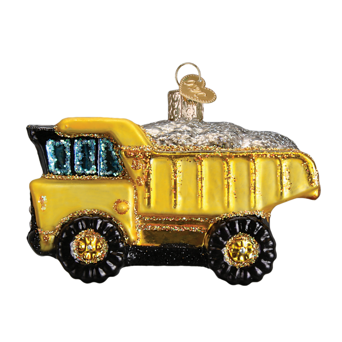 The Toy Dump Truck 44085 Old World Christmas Ornament is a hand-painted glass piece in yellow with glittery silver details, adding playful elegance to your tree.