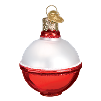 The Fishing Bobber 44115 Old World Christmas Ornament is a shiny, hand-painted glass decoration shaped like a bobber, with a white top half, red bottom half, and a gold cap and hook for hanging.