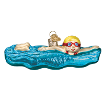 The hand-painted Swimming Old World Christmas Ornament 44130 features a blonde swimmer with red goggles in blue water. Perfect for the holidays, it includes a festive gold loop for hanging.