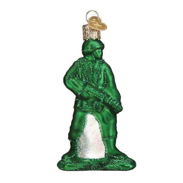 The Army Man Toy 44144 Old World Christmas Ornament is a shiny glass ornament depicting a classic soldier stance in green, complete with a gold hanging loop. It adds nostalgic charm to your holiday décor.