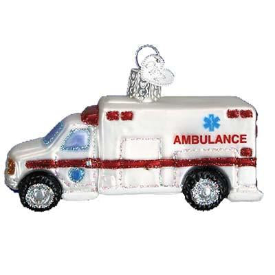 The Ambulance Old World Christmas Ornament 46022 is a mouth-blown glass ornament shaped like a white ambulance with red stripes, AMBULANCE lettering, glitter accents, and a silver hanging loop—ideal for festive holiday décor.