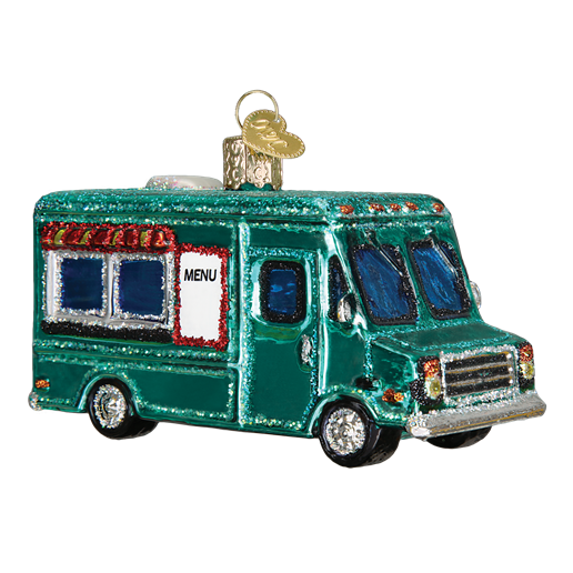 The Food Truck Old World Christmas Ornament 46060 is a glittery green, hand-painted glass piece featuring blue windows, red accents, a side menu sign, and a gold hanging loop.