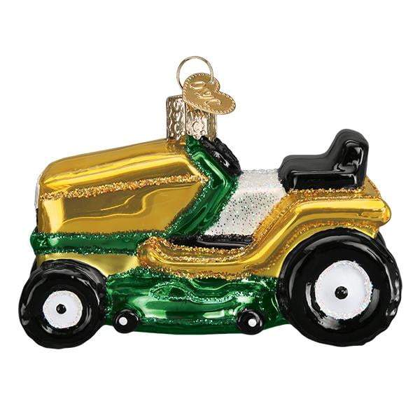 The Riding Lawn Mower 46085 Old World Christmas Ornament is a hand-painted glass decoration in gold, green, black, and white with a glittery finish and hanging loop—ideal for bringing charm to your tree.