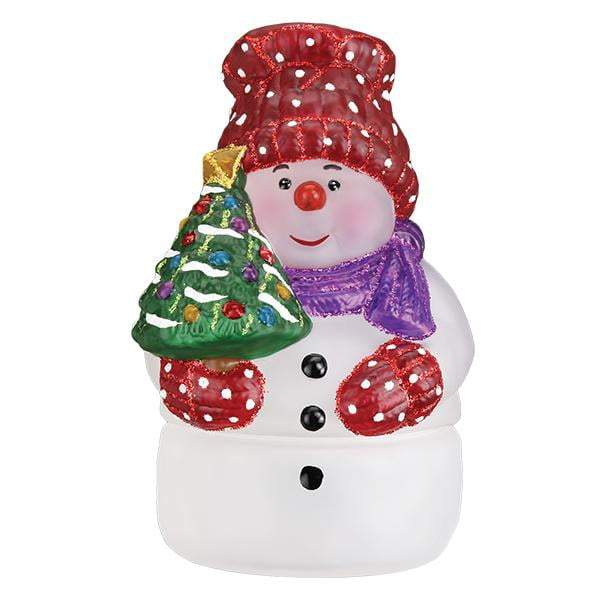 The Snowman with Tree Candle Light 53001 by Old World Christmas features a smiling snowman in a red hat, purple scarf, and red mittens, holding a Christmas tree adorned with ornaments and topped with a gold star. Black buttons accent his cheerful look.