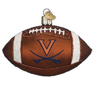 The University of Virginia Football 63500 Old World Christmas Ornament, shaped like a football with white laces and stripes, features the blue V over crossed sabres—perfect for any Virginia Cavaliers fan.