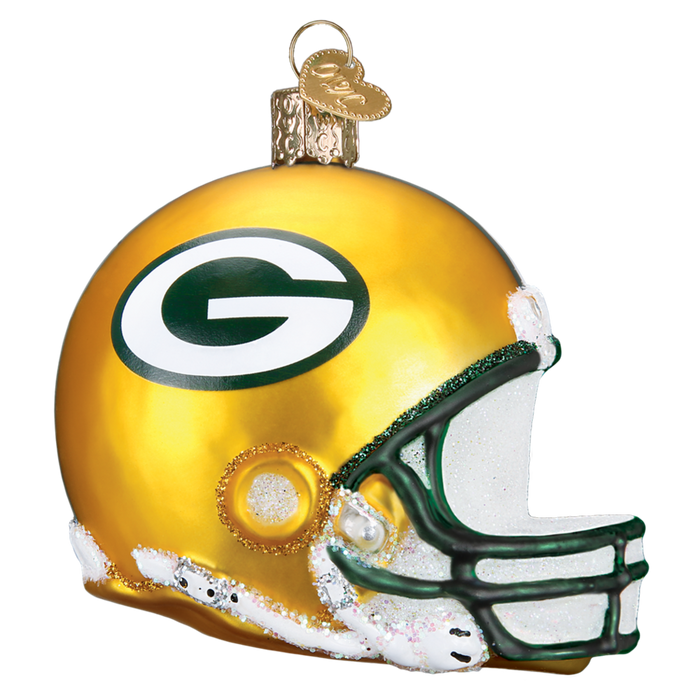 The Green Bay Packers Helmet 71217 Old World Christmas Ornament is a hand-painted glass football helmet with a gold finish, green G logo, sparkly details, and a gold loop on top for hanging.