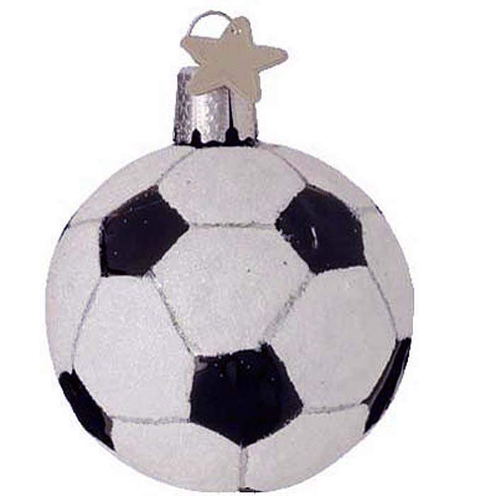 The Kicks! Soccer Ball Christmas Ornament is a hand-painted black and white glass ornament with a silver cap and a gold star on top, designed in the shape of a classic soccer ball.