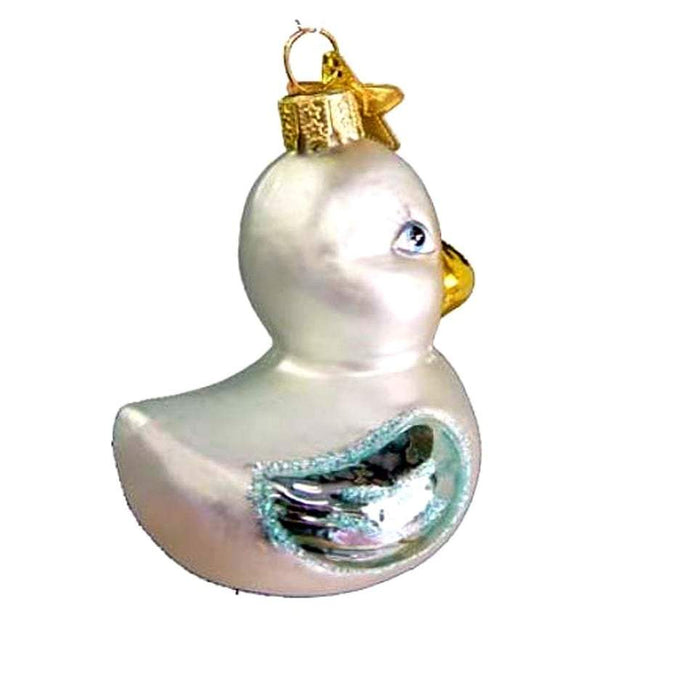 The Blue Toy Duck Santa Klaus & Co Christmas Ornament is a pearlescent, mouth-blown glass duck with a gold beak and loop for hanging, featuring shiny metallic wings. Its perfect for your Toy Duck collection or as charming baby shower favors.