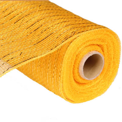 A close-up of the 10 Bright Gold Foil Deco Poly Mesh RE130153 reveals a roll of polypropylene fabric in radiant bright gold. The textured, wavy pattern is tightly wound around a paper core, with the end slightly visible.