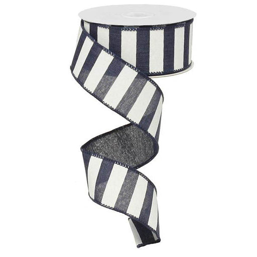 A partially unrolled spool of 1.5 navy blue ribbon with white horizontal stripes, coiled in a spiral.