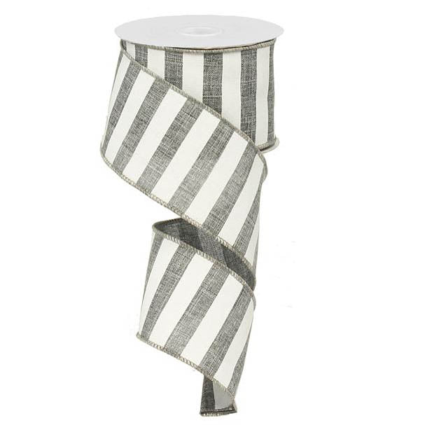 A spool of 2.5 Grey White Horizontal Stripe Ribbon (RX9149R7) is partially unrolled and curling downward. Made from synthetic material with a wire edge for easy shaping.