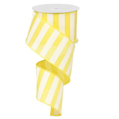 A spool of 2.5 Yellow White Stripe Ribbon RX9149X7, featuring wire edges and a vibrant yellow stripe pattern with white vertical accents, is partially unrolled in a loose spiral. The spool has a white circular top.