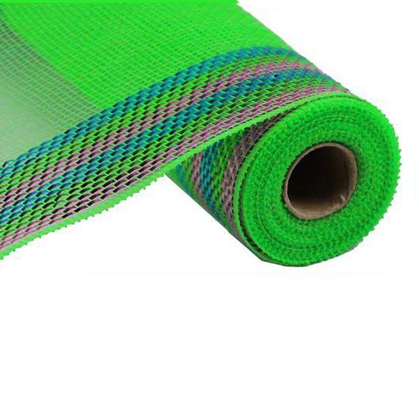 The 10.5 Lime Green with Turquoise Pink Border Stripe Metallic Mesh (RY8504H5) is a roll of lime green mesh with a metallic finish and bold turquoise and pink border stripes, wrapped around a sturdy cardboard core.