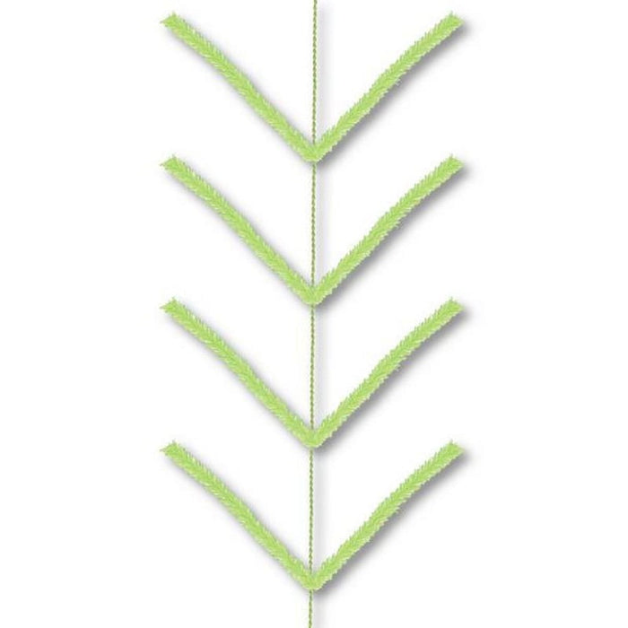 The Lime Green Pencil Garland XX752437 features four sets of lime green V-shaped segments branching symmetrically from a vertical line, resembling a stylized plant stem with leaves—ideal for festive decorations or Holiday Creations.