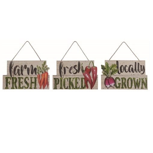 The Wood Vegetable Wall Decor Assorted A1666 features three wooden signs—Farm Fresh (carrots), Fresh Picked (chili peppers), and Locally Grown (radishes)—perfect as charming kitchen decor or vegetable wall art, each hanging by a string.