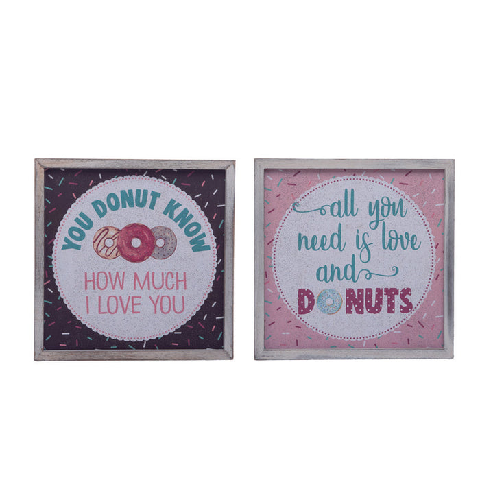 The MDF Donut Love Block Assorted A3216 features two framed wall art pieces on sturdy MDF with delightful donut designs. One reads, You donut know how much I love you, and the other says, All you need is love and donuts, both adorned with playful graphics and colorful sprinkles.