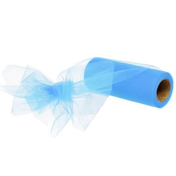 A roll of 6 Turquoise Nylon Tulle RC126632 with a piece gracefully extending and tied into a bow.