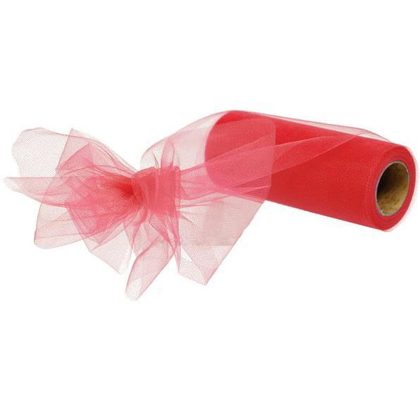 A roll of 6" Coral Nylon Tulle (RC126641) with a sheer, decorative bow made from the same coral tulle extending from the roll.