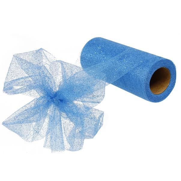 The 6 Turquoise Glitter Tulle RC127735 roll features shimmering fabric gathered into a decorative bow, with the inner cardboard tube visible at one end.