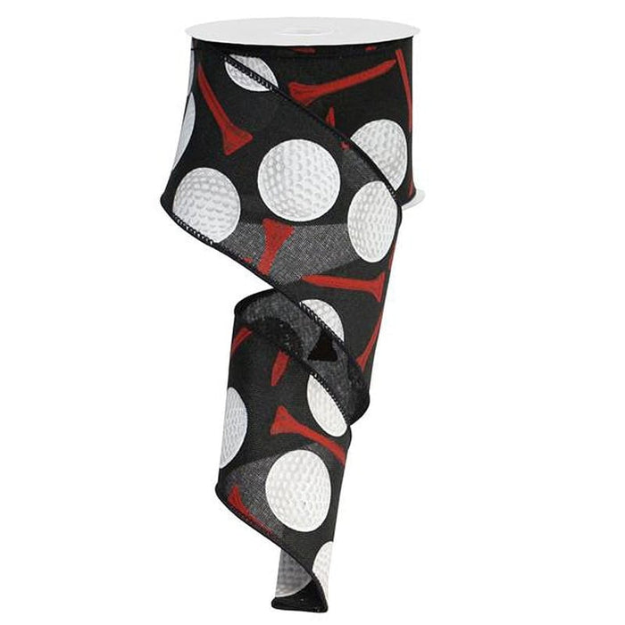 A 2.5 black ribbon (RG0155602) featuring large white golf balls and red tees.